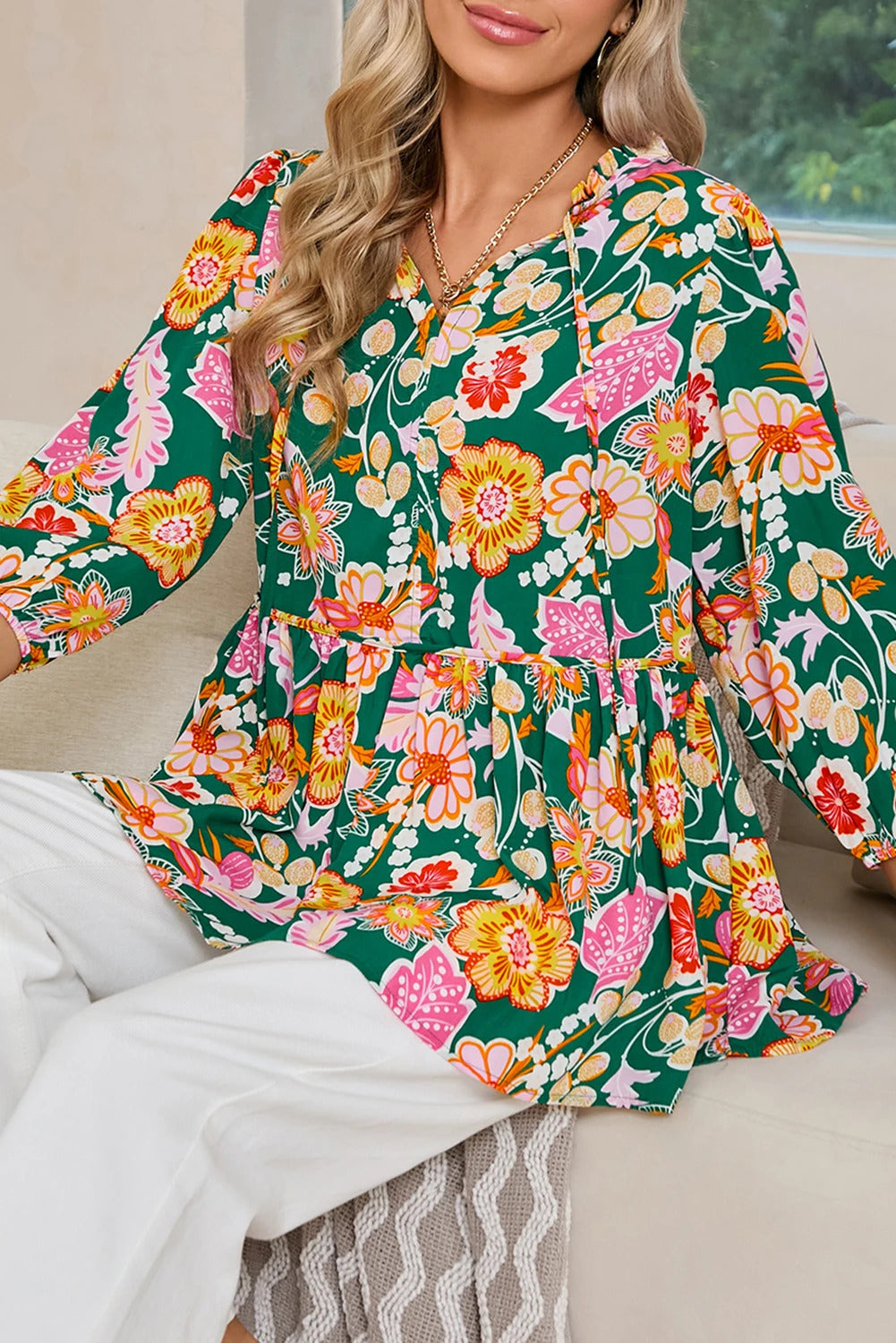 Floral Tied V-Neck 3/4 Sleeve Blouse