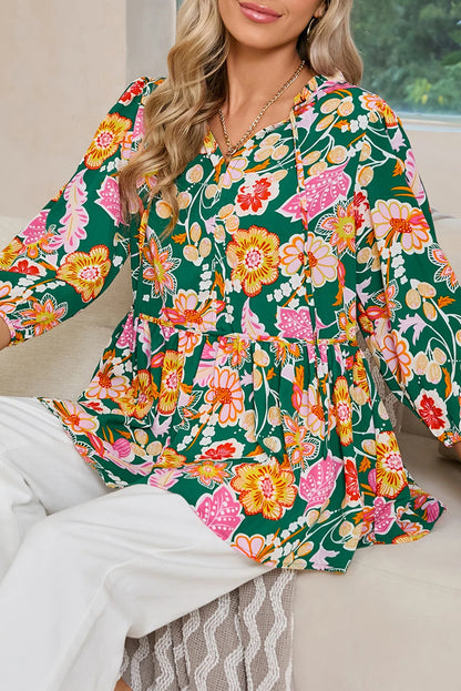 Floral Tied V-Neck 3/4 Sleeve Blouse