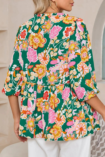 Floral Tied V-Neck 3/4 Sleeve Blouse