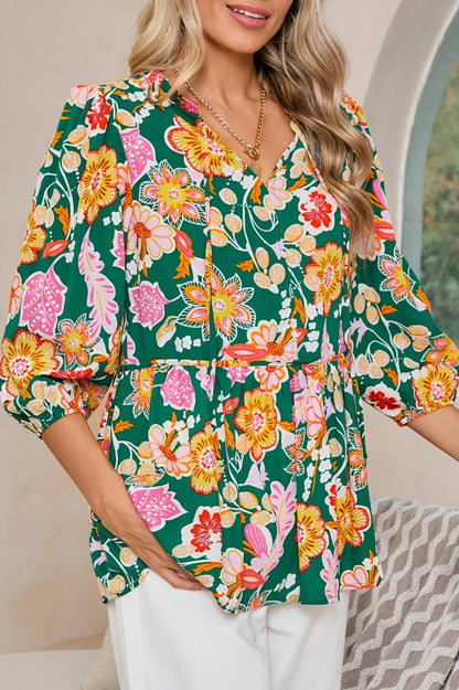 Floral Tied V-Neck 3/4 Sleeve Blouse