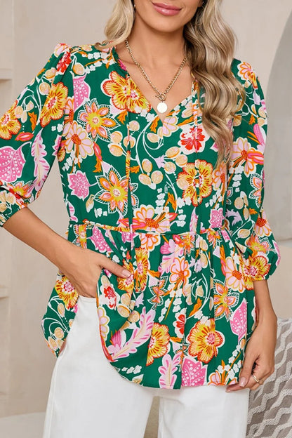 Floral Tied V-Neck 3/4 Sleeve Blouse