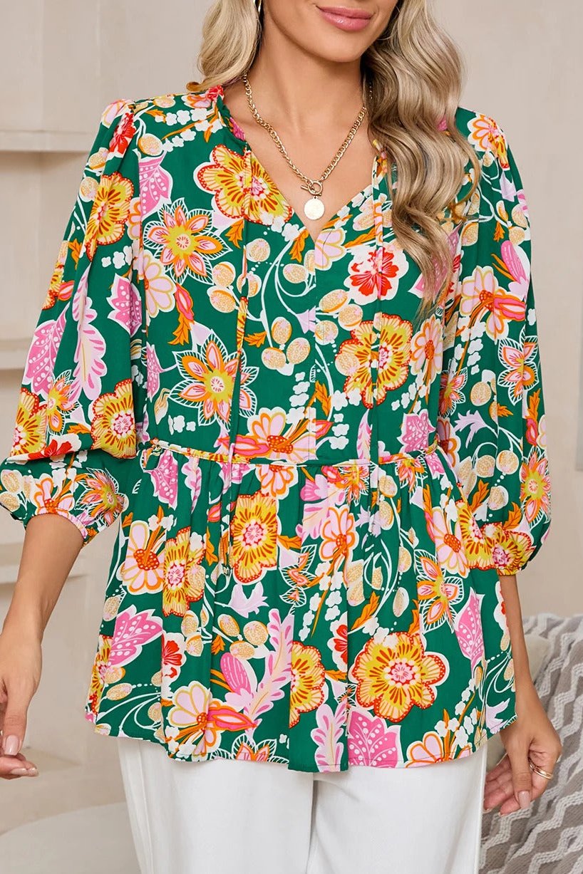 Floral Tied V-Neck 3/4 Sleeve Blouse