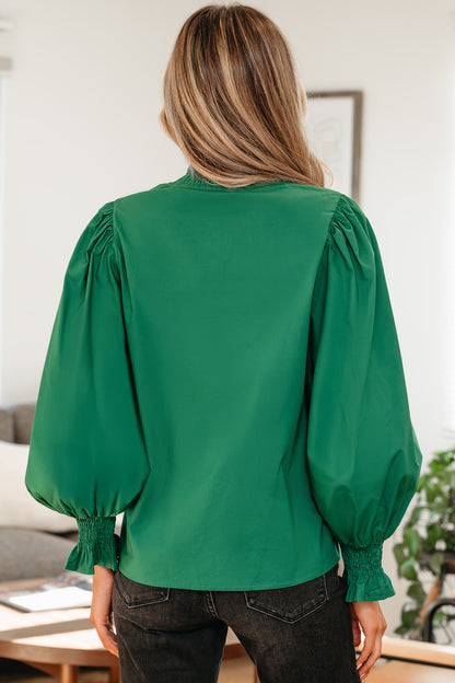 Leopard Trim V-Neck Puffy Flounce Sleeve Blouse