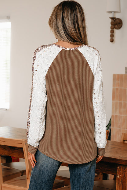 Leopard Corded Lace Patchwork Long Sleeve Top
