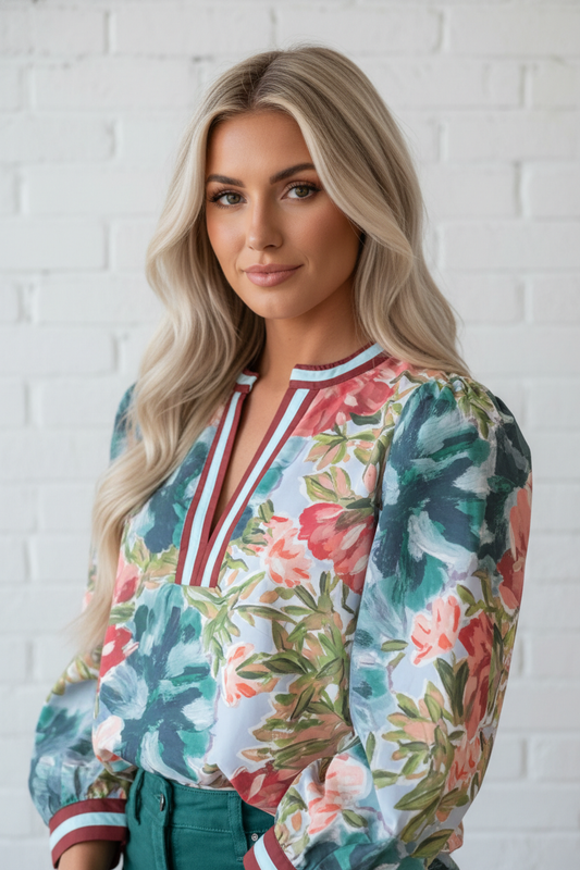 Floral Contrast Trim V-Neck Cuffed 3/4 Sleeve Blouse
