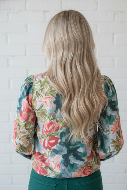 Floral Contrast Trim V-Neck Cuffed 3/4 Sleeve Blouse