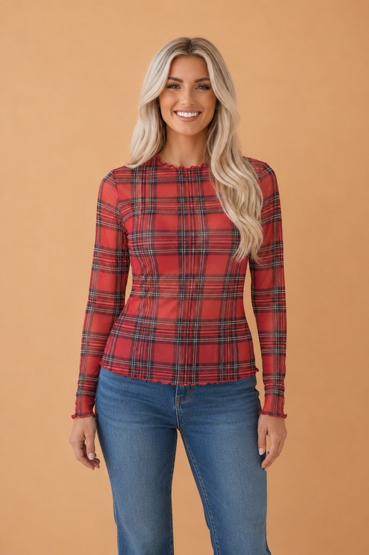 Plaid Mesh Lettuce Trim Long Sleeve Top