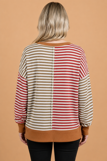 Stripe Colorblock V-Neck Reverse Seam Long Sleeve Top