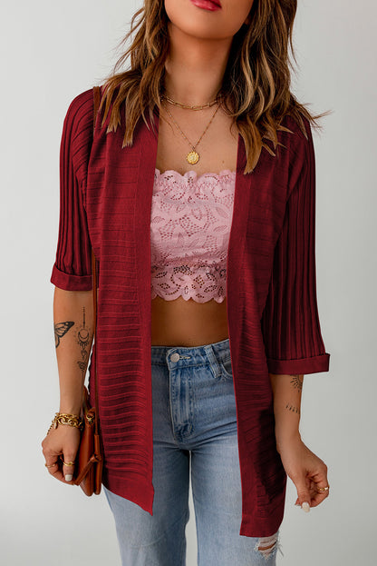 Ribbed 3/4 Sleeve Open Front Cardigan