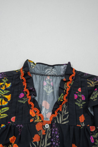 Floral Lace Trim V-Neck Frilled Short Sleeve Shirt