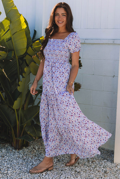 Floral Bubble Sleeve Shirred Waist Maxi Dress