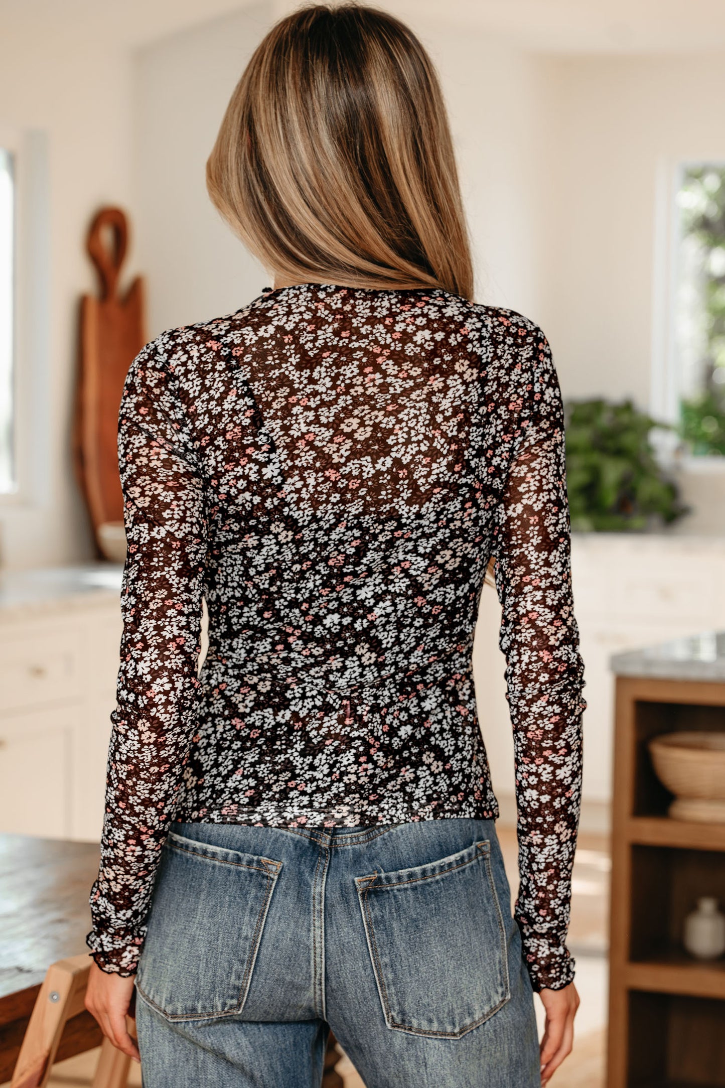 Ditsy Floral Mesh Thumbhole Sleeve Top