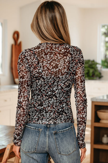 Ditsy Floral Mesh Thumbhole Sleeve Top