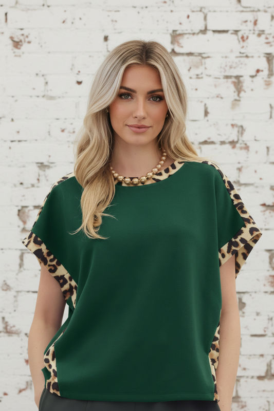 Leopard Colorblock Round Neck Short Sleeve T-Shirt
