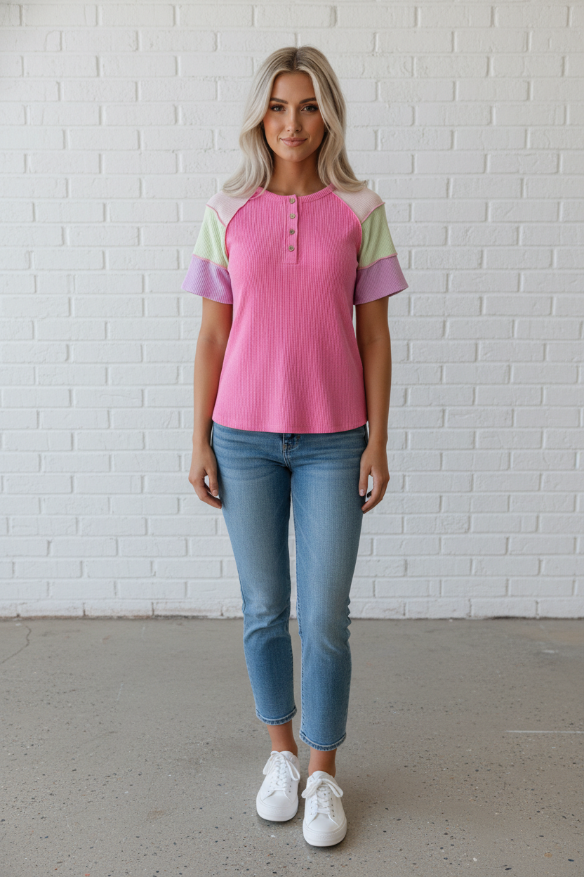 Colorblock Corded Knit Patchwork Henley Tee
