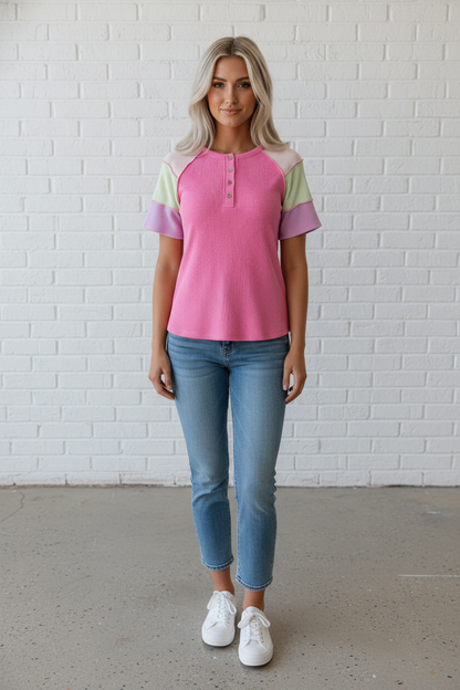 Colorblock Corded Knit Patchwork Henley Tee