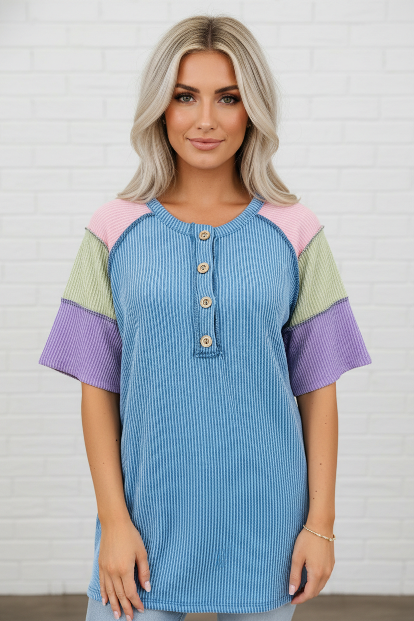 Colorblock Corded Knit Patchwork Henley Tee