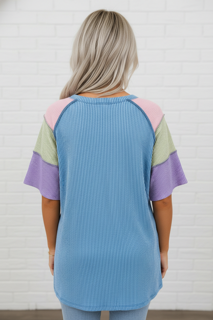 Colorblock Corded Knit Patchwork Henley Tee