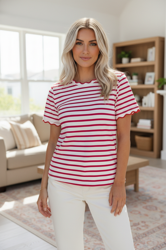 Stripe Scallop Trim Round Neck T-Shirt