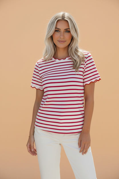 Stripe Scallop Trim Round Neck T-Shirt