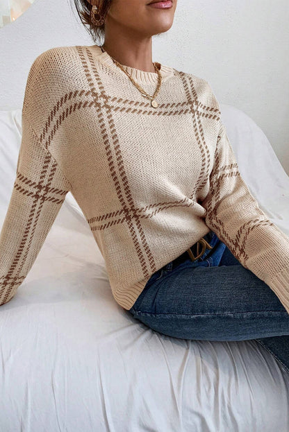 Plaid Drop ShoulderCrewneck Sweater