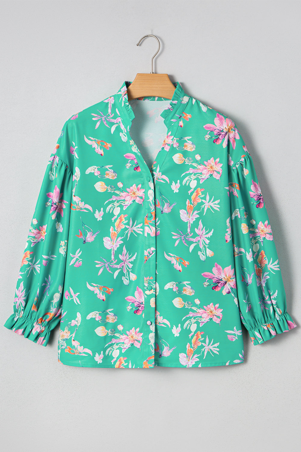 Floral Lantern Sleeve Buttoned Shirt
