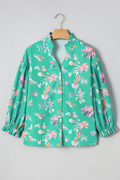 Floral Lantern Sleeve Buttoned Shirt