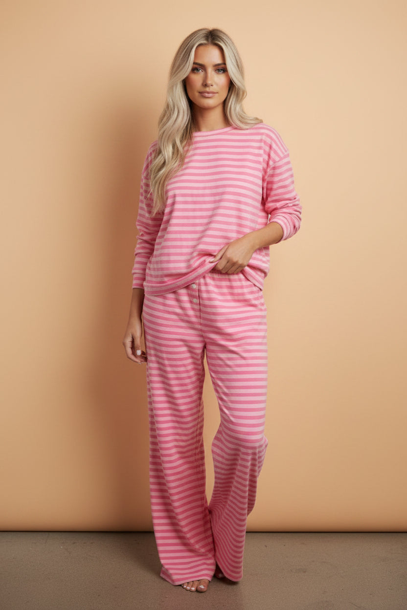 Stripe Drop Shoulder Top & Buttoned Pants Set