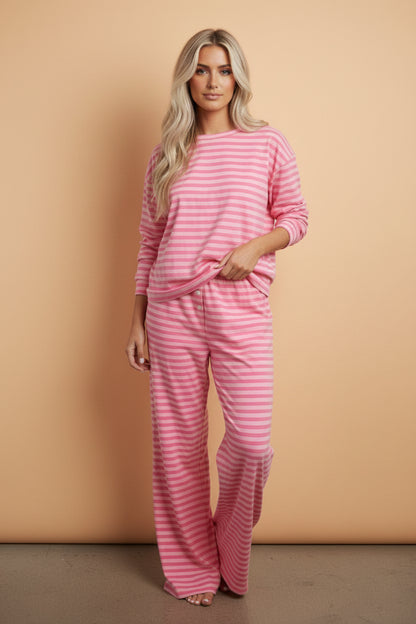 Stripe Drop Shoulder Top & Buttoned Pants Set