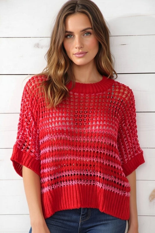 Stripe Draped 3/4 Sleeve Slouchy Sweater