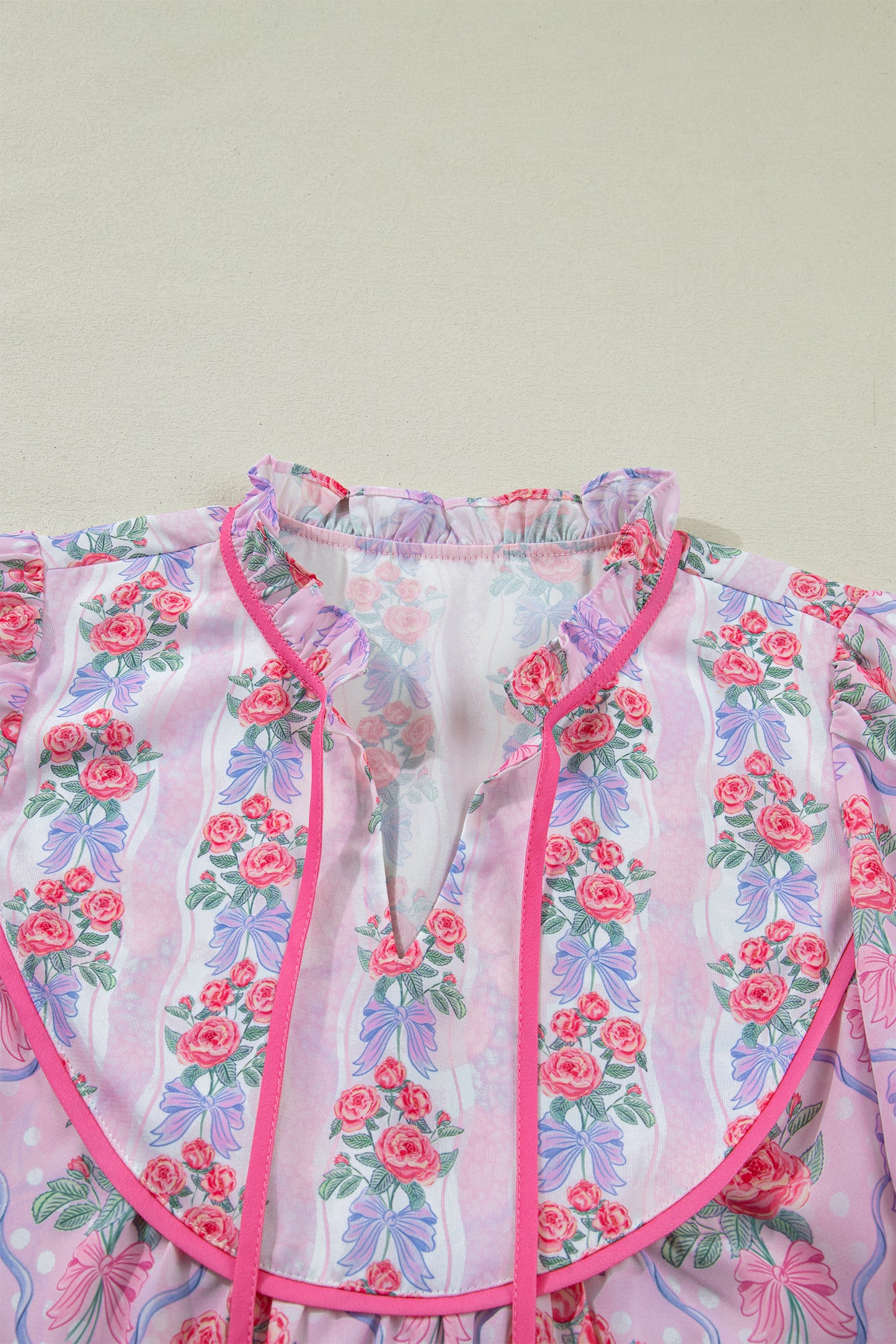 Floral Coquette Bow Ruffle Short Sleeve Blouse