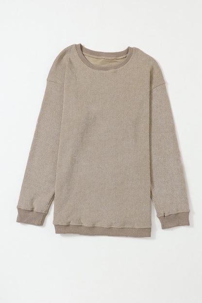 Solid Ribbed Knit Round Neck Pullover Sweatshirt