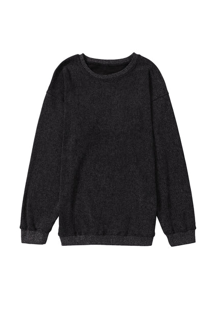 Solid Ribbed Knit Round Neck Pullover Sweatshirt