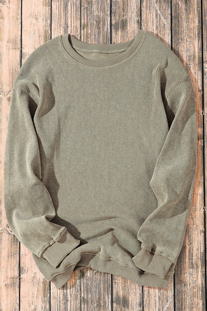 Solid Ribbed Knit Round Neck Pullover Sweatshirt