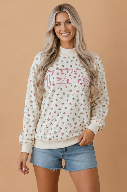 TEXAS Embroidered Floral Mock Neck Sweatshirt