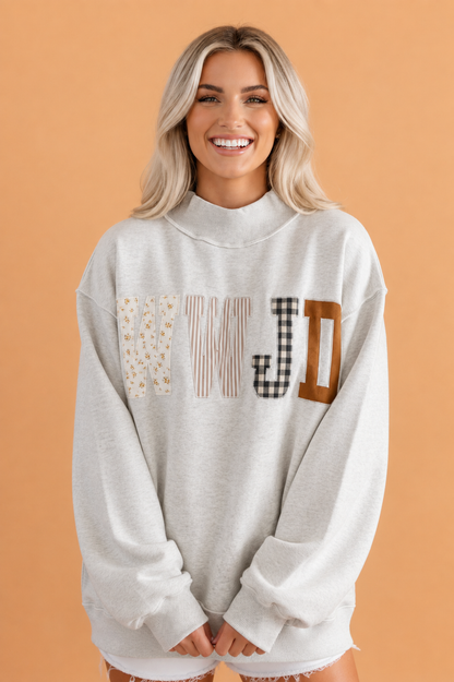 WWJD Embroidered Patchwork Mock Neck Sweatshirt
