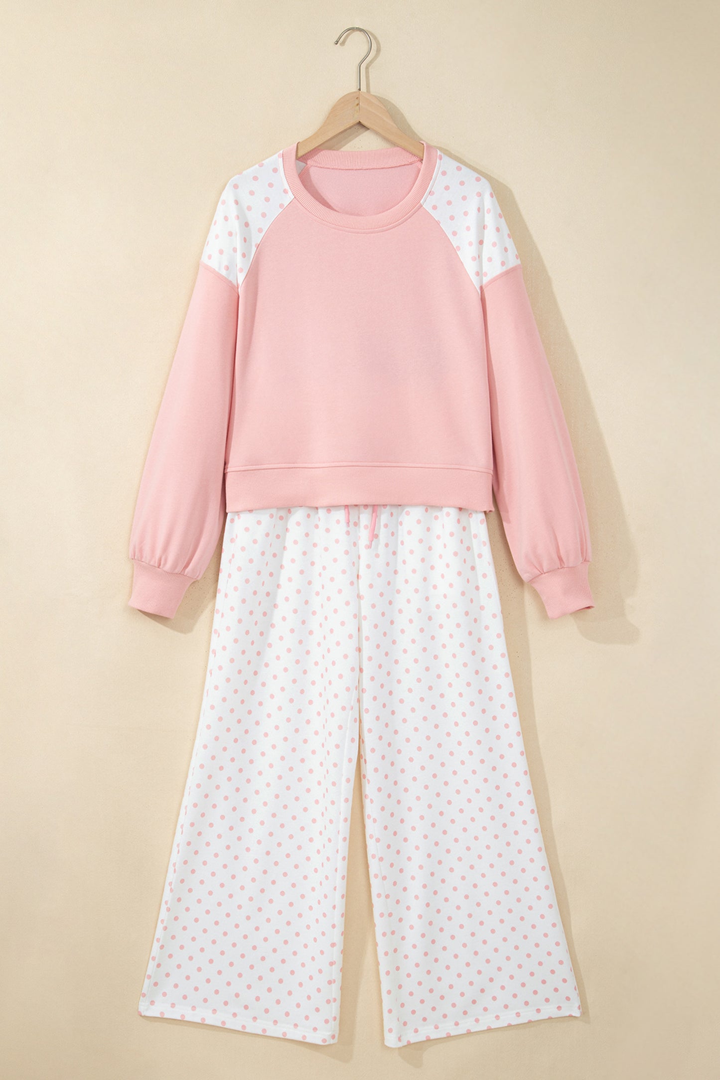 Polka Dot Patchwork Crop Sweatshirt & Pants Set