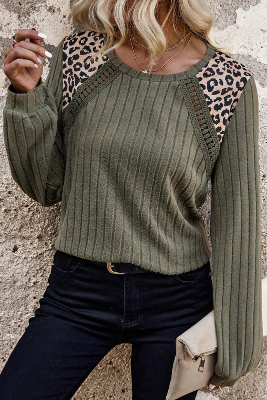 Leopard Patchwork Ribbed Knit Top