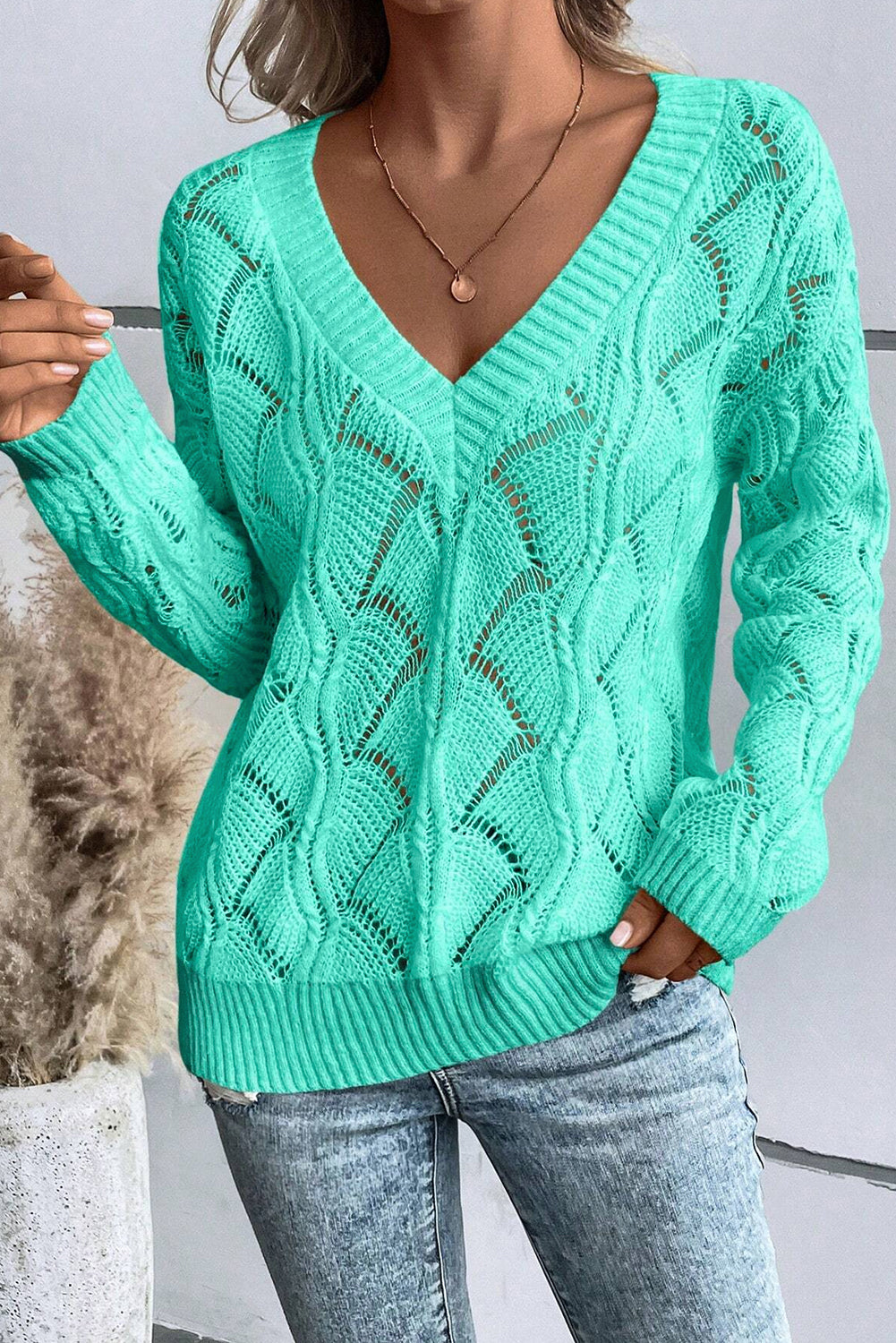 Hollowed Knit V-Neck Sweater