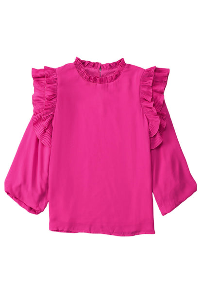 Pleated Ruffle 3/4 Sleeve Blouse