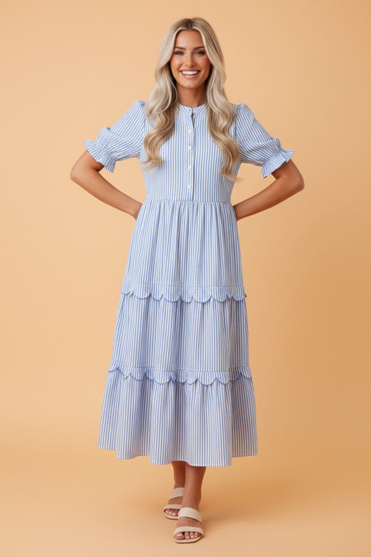 Stripe Bubble Short Sleeve Tiered Scallop Dress