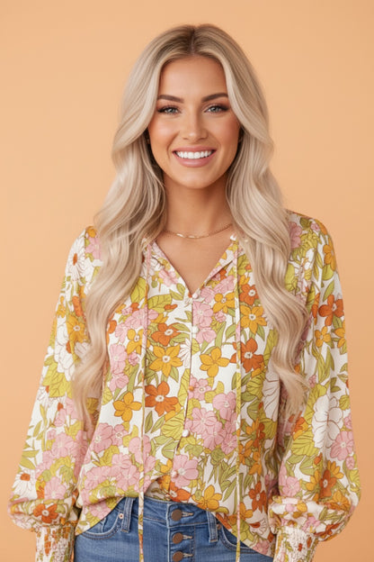 Boho Floral Smocked Puff Sleeve Blouse