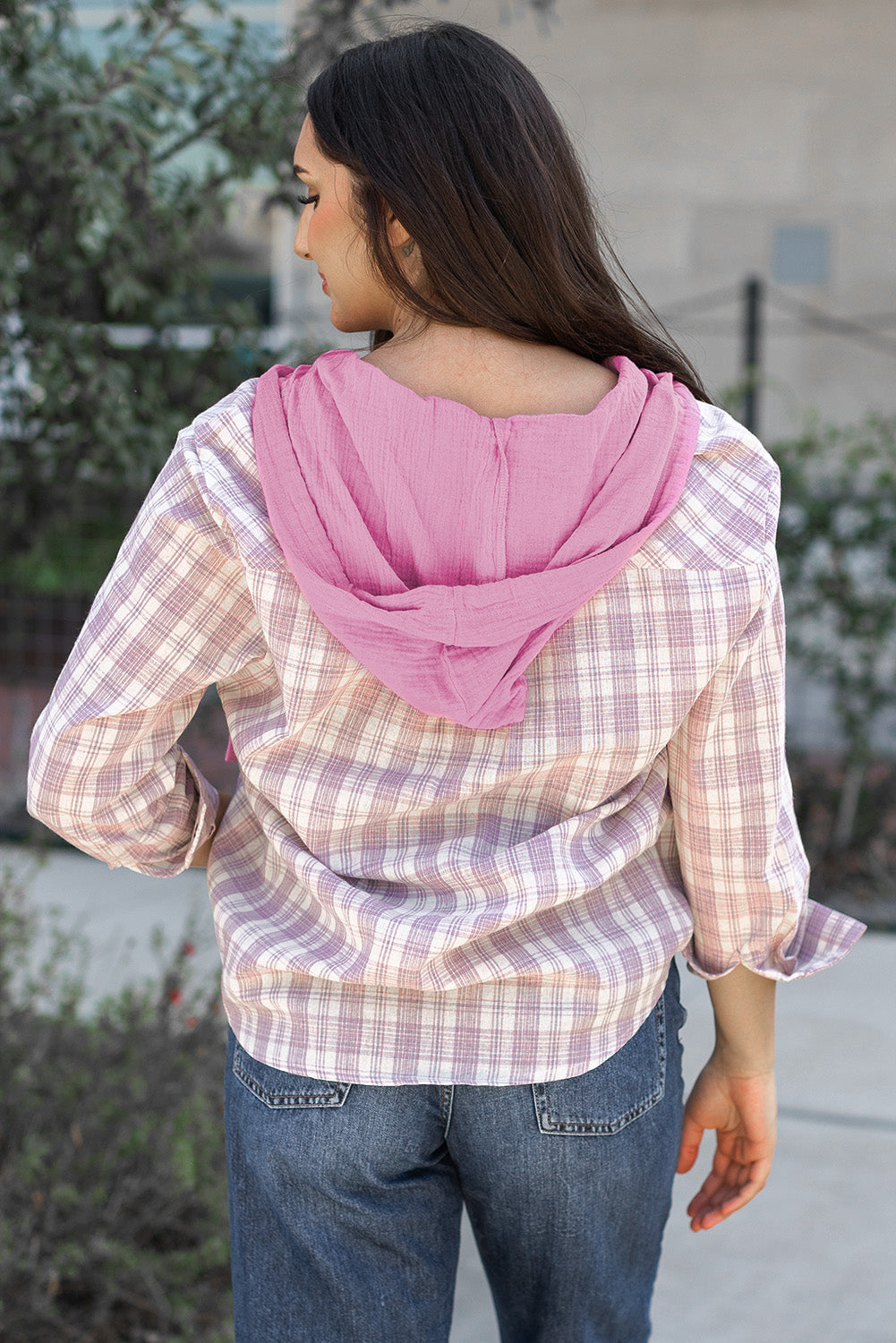 Checker Button-Up Chest Pocket Hooded Shacket