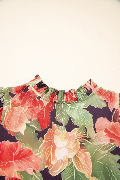 Floral Frilled Collar V-Neck 3/4 Sleeve Dress