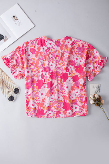 Plus Size Floral Ruffle Sleeve Blouse