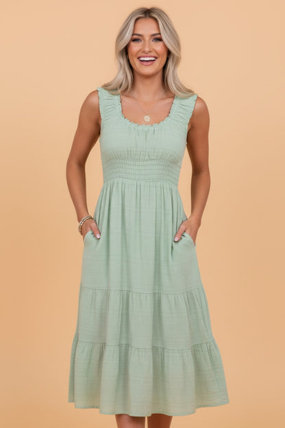 Shirred Pleated Square Neck Sleeveless Midi Dress