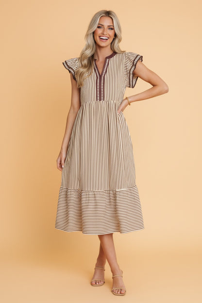 Stripe Ruffle Short Sleeve V-Neck Midi Dress
