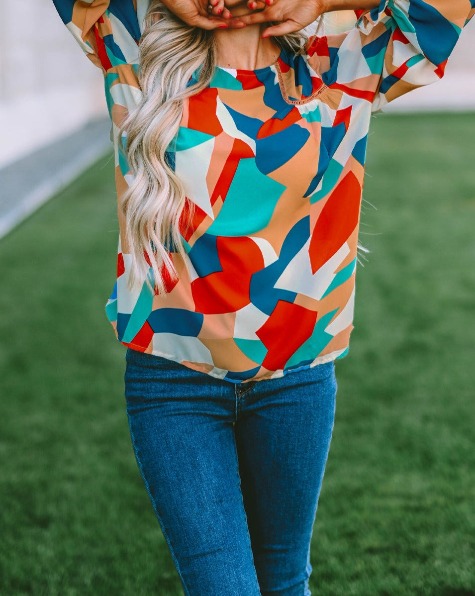 Abstract Ruffle Puff Sleeve Blouse