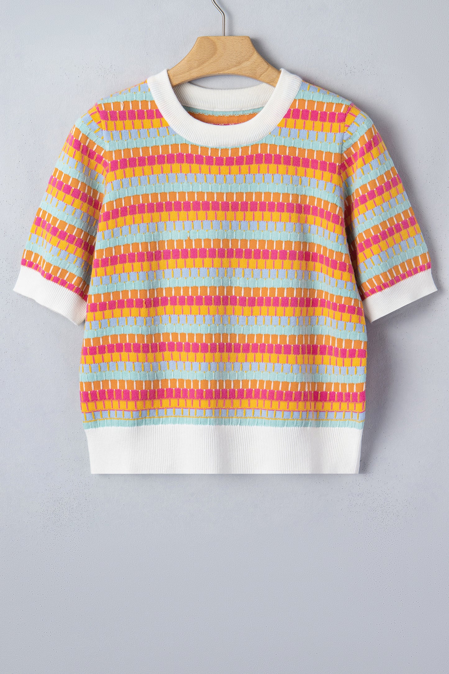 Abstract Stripe Short Sleeve Sweater Knit Top