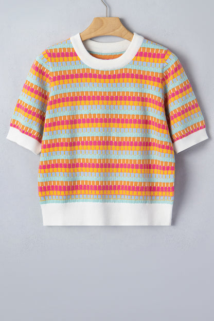 Abstract Stripe Short Sleeve Sweater Knit Top